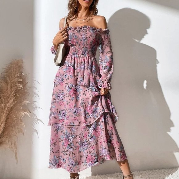 Shirred Layered Hem Floral Printed  Off The Shoulder Dress Dusty Pink - Picture 4 of 7